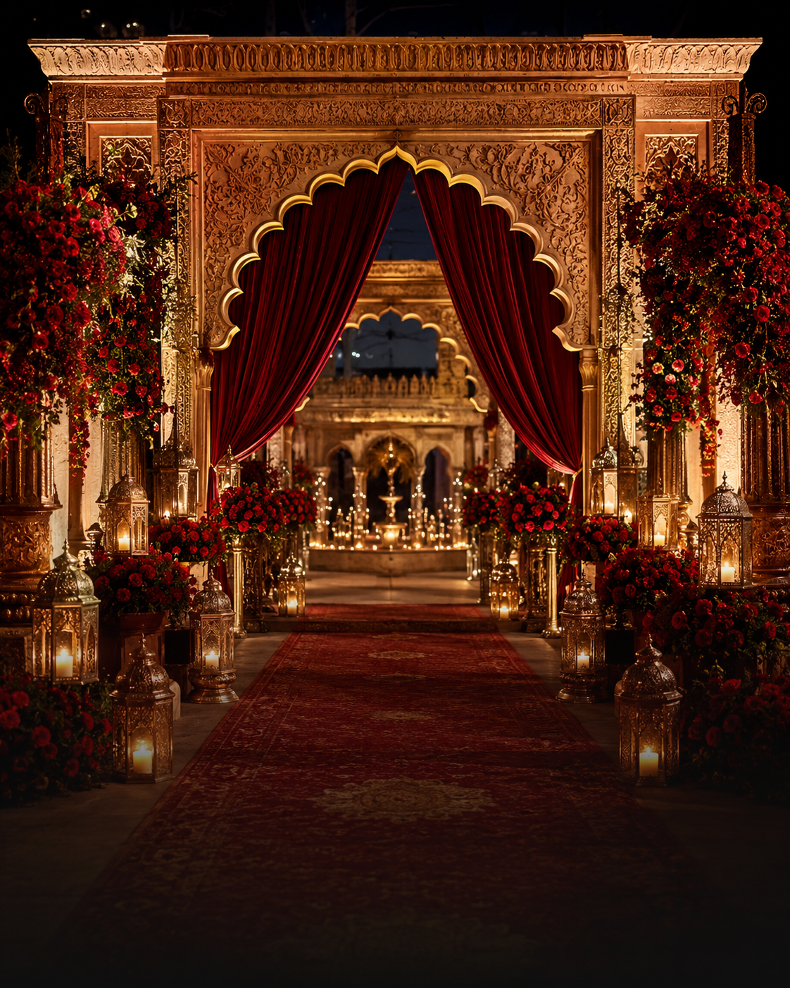 Crimson and gold Barat entrance with roses and lanterns