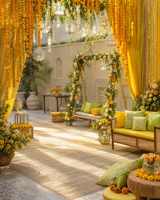 Sunlit Mehndi courtyard with marigolds and yellow decor