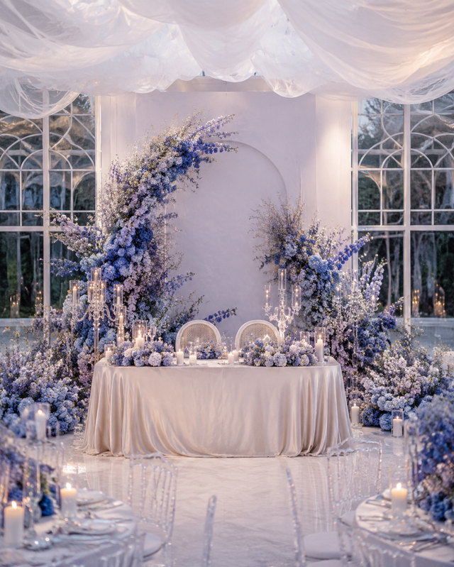 Light royal blue Walima reception in an ivory glasshouse